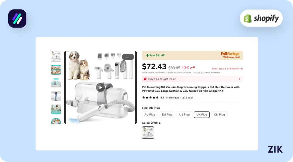 pet grooming kit with vacuum functionality