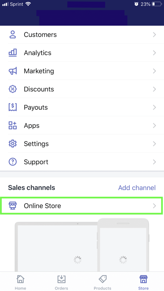 Click ‘Online Store’ listed under ‘Sales Channel’.