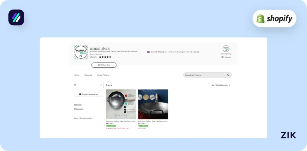 Etsy shop's home page