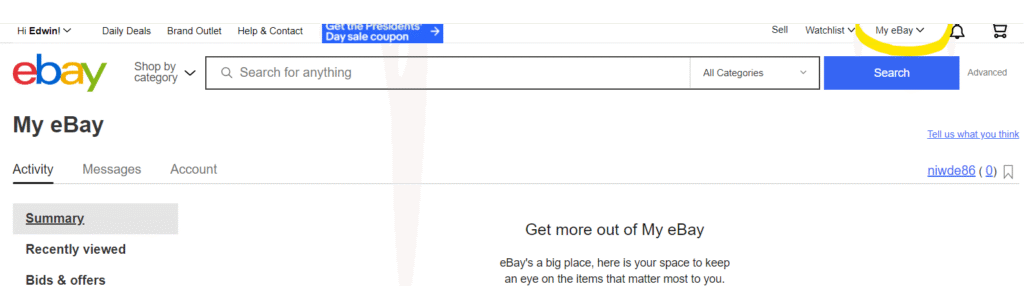 Go to My eBay, which is on the upper right hand corner of the profile page