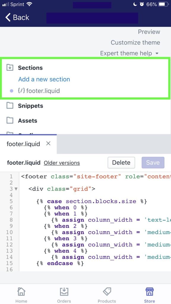 click on the ‘footer.liquid’ link mobile